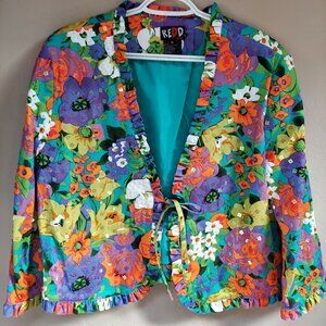 Redd Jeans Womens Size 14 Floral Colorful Jacket Sequin Ruffled Trim Tie-Front